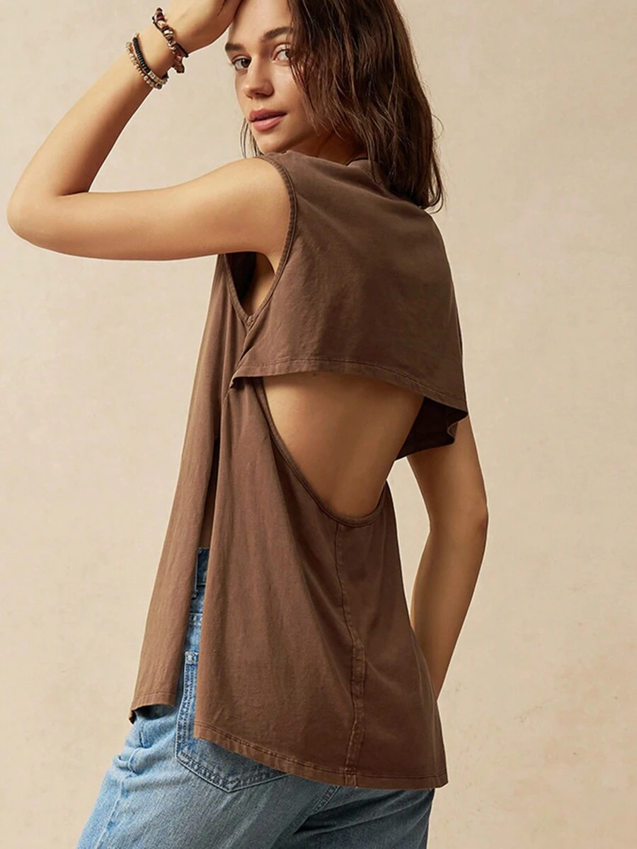 Bohemela Women's Vacation Backless T-Shirt - Brown - View 1