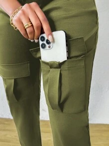VaVaBold Pantalones deportivos casuales holgados para mujer con diseño de bolsillo y unicolor para moda - Verde militar - Ver 5