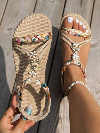 WRCVS Flache Sandalen für Damen in Beige, leichte gewebte rutschfeste Strand Schuhe mit falschen Jute Sohlen und zufälligen bedruckten Mustern, Bohemian Stil Sommerurlaub Sandalen