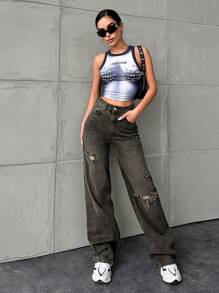 Cottnline High Waist Distressed Straight Jeans - Dark Grey - View 6