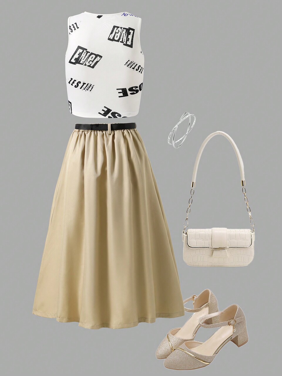 Teen Girl Round Neck Sleeveless Printed Top And Split Skirt With Pocket Design Two-Piece Set