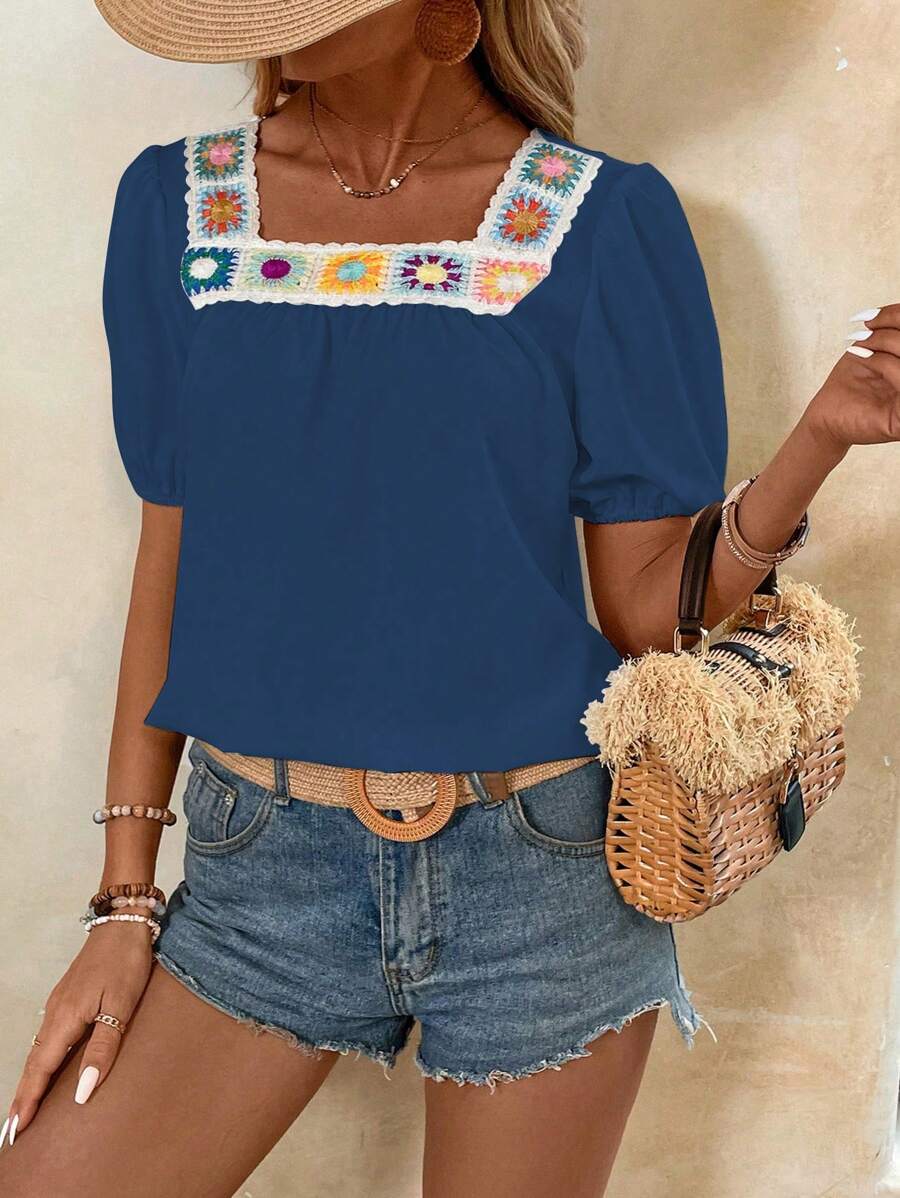 Breezaya Modische Damen Bluse mit floralen Muster, kurzem Ärmel und quadratischem Ausschnitt