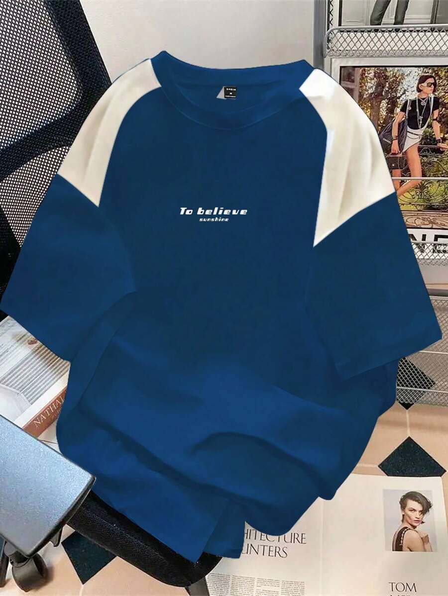 Claim Dot Men Color Block Casual Short Sleeve T-Shirt, Summer - Blue - View 1