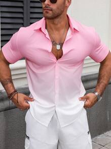 Manfinity RSRT Men's Summer Ombre Short Sleeve Casual Shirt (Asymmetric Cut), For Husband, Beach, Going Out