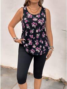 SHEIN VCAY Plus Size Boho Vacation Floral Printed Tank Top & Solid Color Elastic Waist Capri Pants Set, For Summer,Holiday Outfits