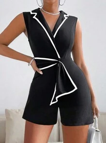 SHEIN Privé Combi-short sans manches pour femmes avec bordure en bloc de couleur pour un port quotidien - Multicolore - Voir 3