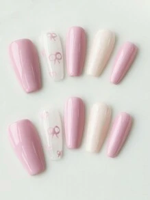 ROMWE Kawaii 10入組超可愛手工蝴蝶結假指甲 + 3入組雙面膠帶，可移除式Y2K手繪美甲貼紙，高品質多色彩繪製充滿節日氣息，適用於派對、舞會和日常佩戴 - 彩色 - 查看 1