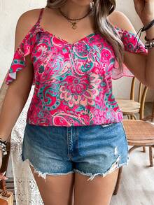 SHEIN Holidaya 大尺碼女士露肩花卉印花休閒度假衫 - 玫紅色 - 查看 6