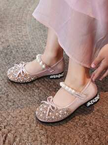 Nuevos zapatos de princesa para niñas de primavera y otoño, zapatos de actuación para bebé, uso formal para jardín de infantes con lazo de perla - Rosa - Ver 1
