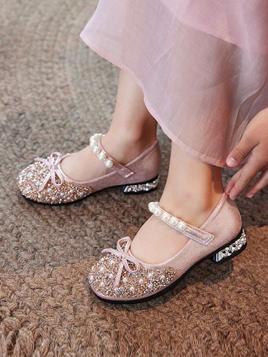 Nuevos zapatos de princesa para niñas de primavera y otoño, zapatos de actuación para bebé, uso formal para jardín de infantes con lazo de perla - Rosa - Ver 1