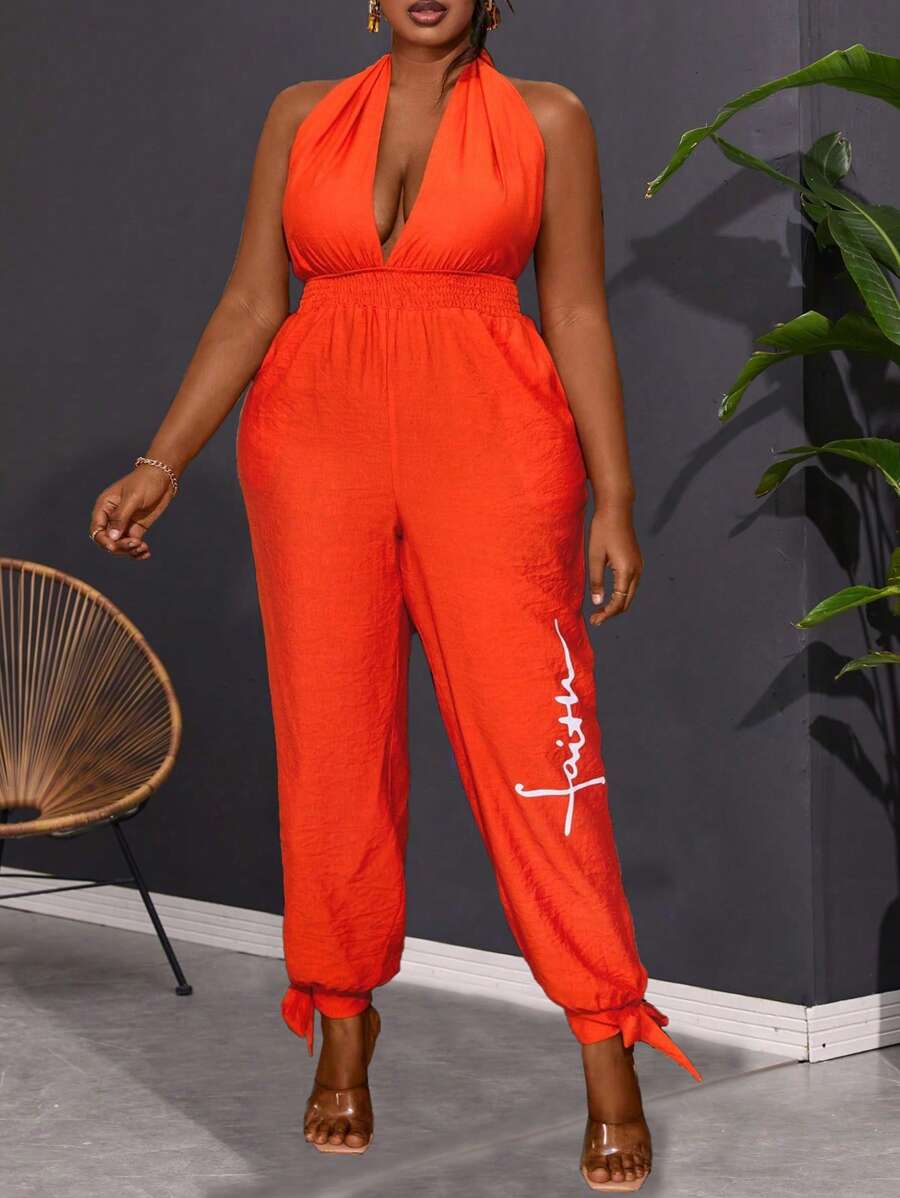 Maweii 大尺碼女士時尚純色吊帶連身褲 - 橘色 - 查看 1