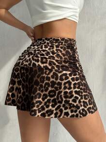 SHEIN EZwear Summer Fashion Leopard Print Ruched Mini Skirt