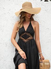 SHEIN Swim Women Summer Holiday Patchwork Water-Soluble Lace Halter Neck Cover-Up Dress - Black - View 6