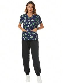 TaskEZ SHEIN Essnce Scrub V-Neck Short Sleeve Plant Print Pocket Nurse Uniform 2 Pieces/Set - Multicolor - View 3