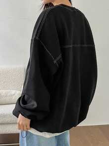 DAZY Women's Drop Shoulder Sweatshirt With Exposed Seams - Black - View 5