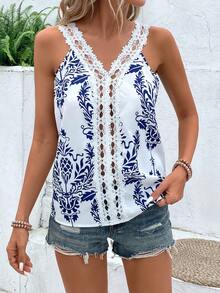 Breezaya 女士度假植物印花蕾絲拼接背心上衣 - 藍白色 - 查看 5
