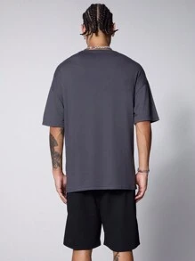 PAVTROS 男士夏季手勢字母印花圓領短袖T恤和束腰短褲套裝 - 灰色 - 查看 2