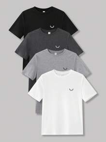 SHEIN 青少年男孩休閒純色圓領針織短袖T恤，多色4件/4套裝