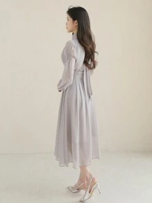 DAZY Mock Neck Lantern Sleeve Dress,Fall Dress Long Sleeve Dress - Light Grey - View 8