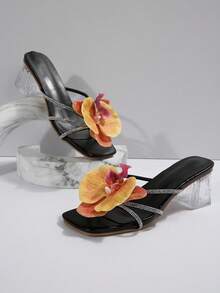 2024 新款欧美风格海滩旅游花卉装饰女士高跟凉鞋，夏季外套 - 黑色 - 查看 5