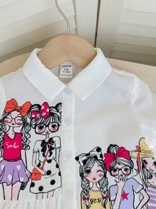 SHEIN Summer Baby Girl Cute Cartoon Printed Ruffle Collar Short Sleeve Dress - White - View 5