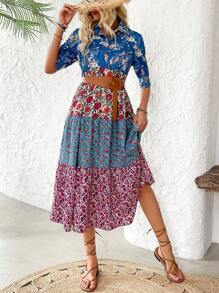 Breezaya Vestido de manga media de estilo retro para vacaciones con cuello de camisa y sobrefalda abotonada para mujeres - Multicolor - Ver 3