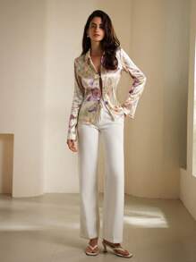 Aveloria Modichic Women's Shiny Casual Colorful Random Print Loose Fit Tie Front Long Sleeve Shirt