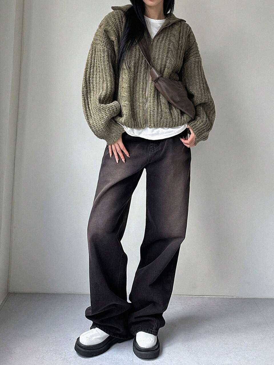 Drop Shoulder Zipper Front Cardigan,Three Quarter Sleeve Tops Jacket