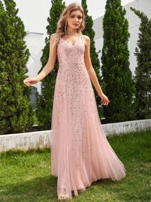 Elegant Deep V Sequined Mesh Prom Dress