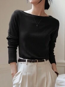 Dazy-Less Solid Boat Neck Tee Long Sleeve Women Tops Business Casual Woman Work Clothes - Black - View 3