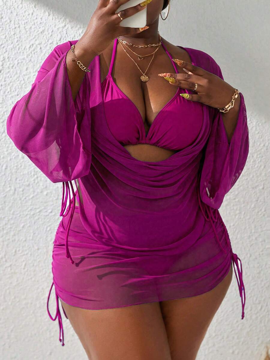 Slaydiva Plus Size Separated 4-Piece Swimwear, Summer Beach Swimwear - Hot Pink - View 1