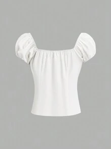 Sweetra 纽扣式修身泡泡短袖衬衫，方形领口和蕾丝拼布，短袖上衣 - 白色 - 查看 2