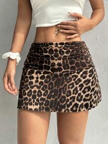 SHEIN EZwear Summer Fashion Leopard Print Ruched Mini Skirt