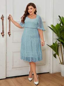 Vestido escote corazón bajo con fruncido con encaje - Celeste - Ver 3