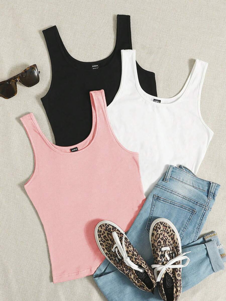 Comfortcana 3pcs/Set Light Pink U-Neck Sleeveless Casual Summer Versatile Knit Tank Top - Baby Pink - View 1