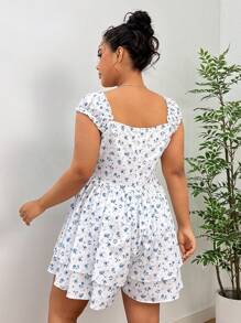 SHEIN EZwear 女士大碼夏季雙層荷葉邊連體褲，配小花圖案，方領，泡泡袖和寬鬆下擺，適合花園派對 - 彩色 - 查看 2