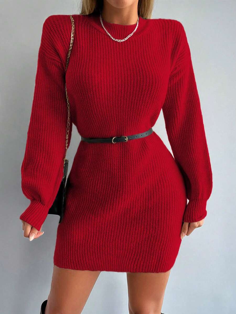 EURMUSE Solid Drop Shoulder Sweater Dress Without Belt - Burgundy - View 1