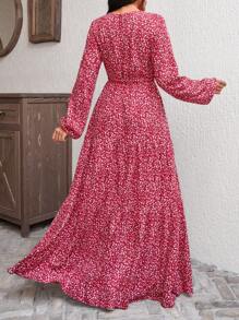 VCAY 红色碎花荷叶边长裙，长袖，腰部可调节，采用粘胶梭织面料制成 - 紅色 - 查看 3