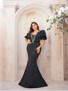 SHEIN Belle Plus Size Black Luxury Heavy Crystal Embellished Gorgeous Positioning Hot Rhinestone Pattern Court Style Stereo Pleated Puffy Sleeves Deep V Neck Elegant Mermaid Evening Gowns