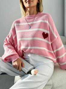 EURMUSE Plus Size Heart Pattern Drop Shoulder Stripe Pullover Sweater - Coral Pink - View 6