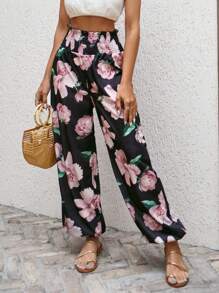 EURMUSE WOMEN BOTTOM FLOWER PRINTED COMFORT PANT - Black - View 1