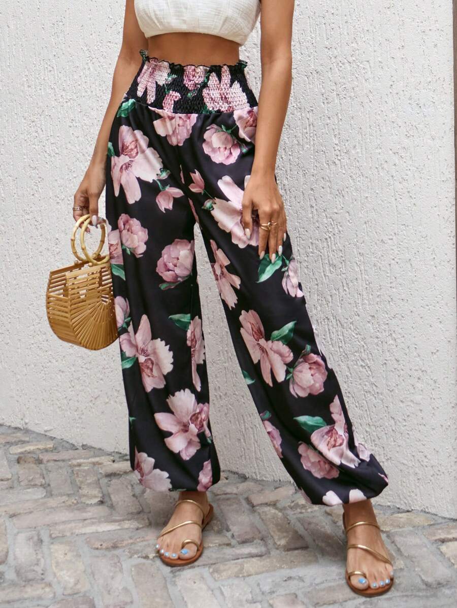 EURMUSE WOMEN BOTTOM FLOWER PRINTED COMFORT PANT - Black - View 1