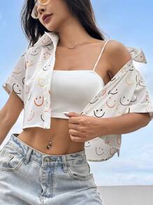 Comfortcana Camisa estampada de hombro caído con diseño integral para atuendo de verano