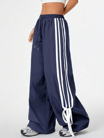 Coolane Women's Velvet Back To School Palazzo Drawstring Side Stripes Fashionable Edge Collision And Bow Ties Pants