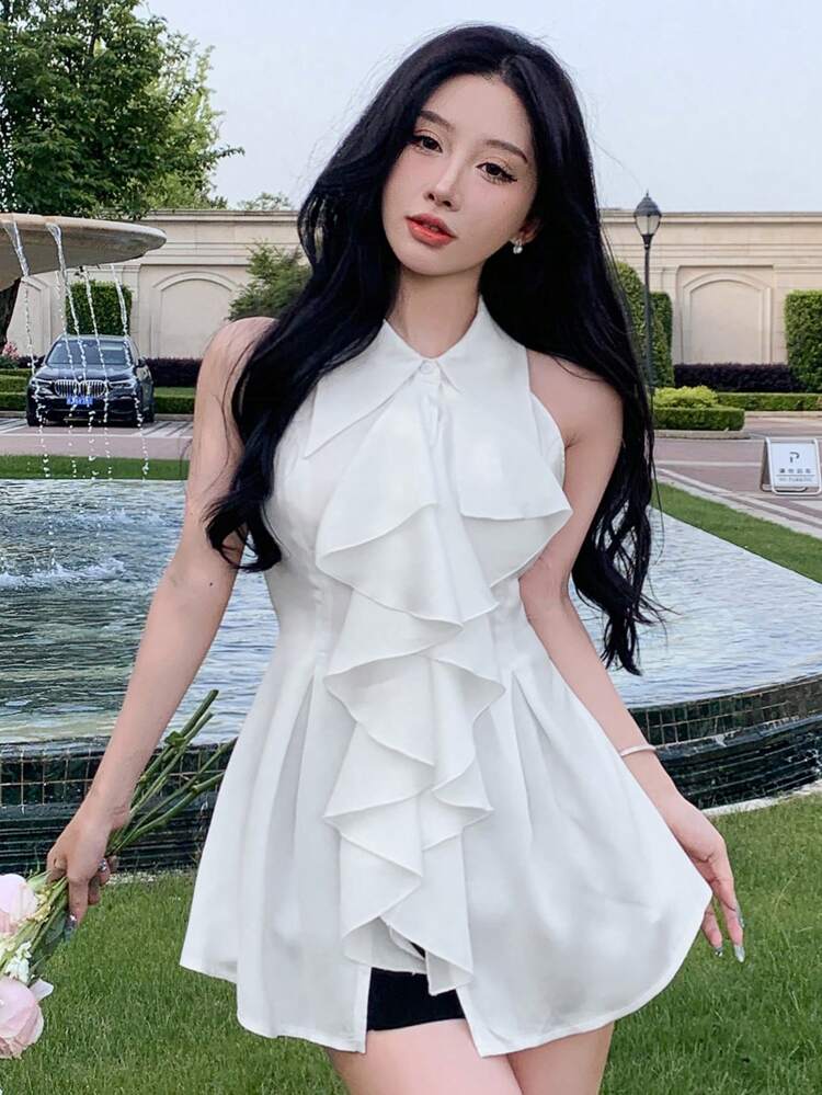 Women's Ruffle Trimmed Sleeveless Summer Blouse ,New Year Eve Preppy Tops Carnival