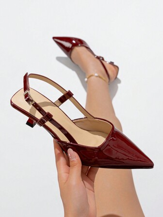 Höst/Vinter 2025 Dam Enfärgade Spetsiga Stängda Tå Kitten Heels Skor, Eleganta & Bekväma För Vardagsbruk, Utomhusaktiviteter & Pendling, Vinröda PU Högklackade Skor För Vår Och Sommar, Eleganta, Dampumps, Eleganta