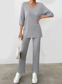 EURMUSE Women's V-Neck Ribbed Pit Strip T-Shirt And Long Pants Two-Piece Set - Grey - View 4