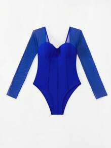 SHEIN Swim 女士纯色单肩长袖沙滩装连体泳衣，非常适合夏季度假 - 藍色 - 查看 5