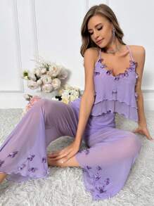 Conjunto de pijama para mujer con cuello en V decorado con mariposas 3D