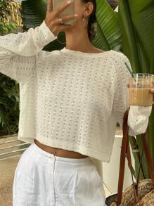 DAZY Áo thun nữ dài tay cổ tròn Jacquard rỗng - Màu be - Xem 1